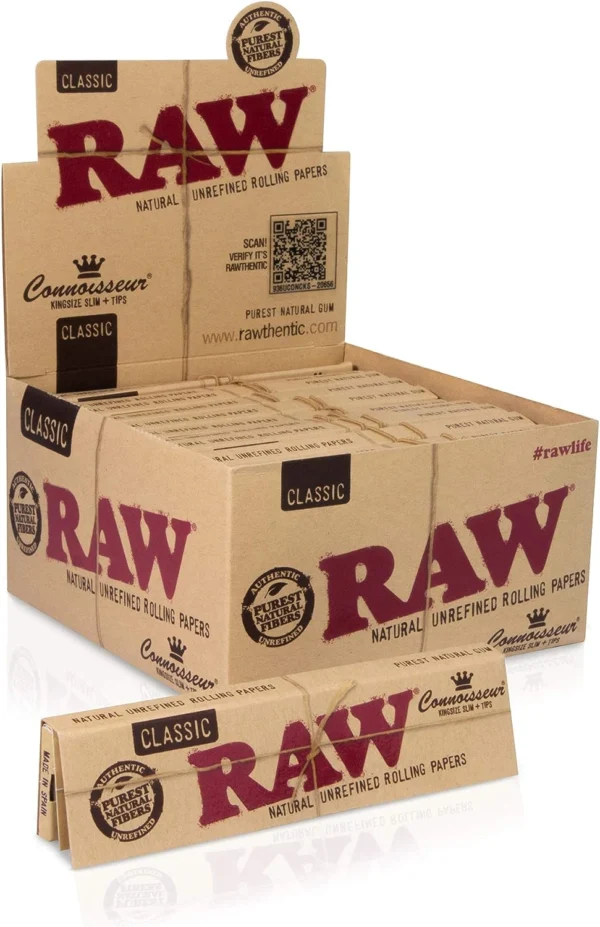 RAW Connoisseur Classic King Size Slim Rolling Papers | 24 Packs with Tips Included